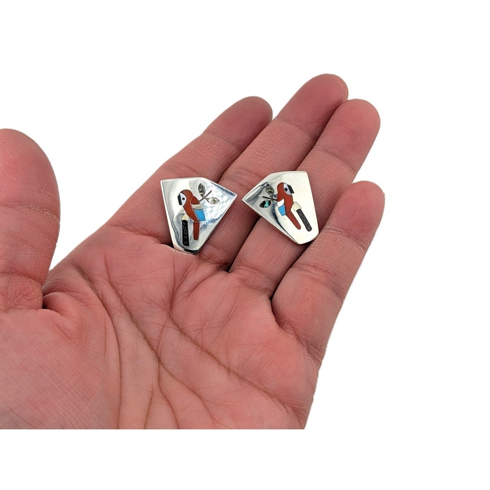 Zuni Handmade Sterling Silver Inlay Parrot Stud Earrings NA Jewelry** - Picture 6 of 7